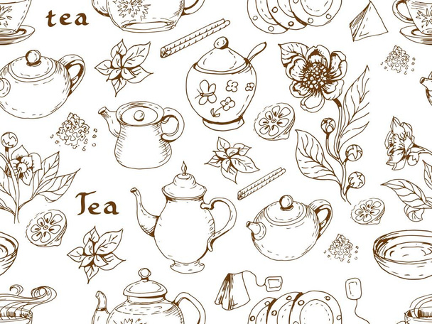 tea, tea ceremony, breakfast.Graphic hand-drawn illustration, vector. Sketch, doodle. Teapot isolated items on a white background. Print, textiles, paper Aromatic invigorating drink table setting tableware teapot cups plates - Vector, Image
