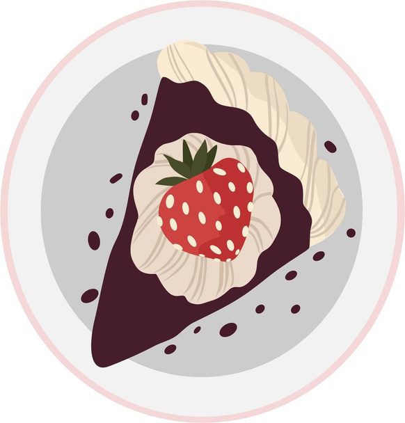 WebA piece of cake with cream and strawberries on a plate. Vector illustration on a white background - Vector, afbeelding