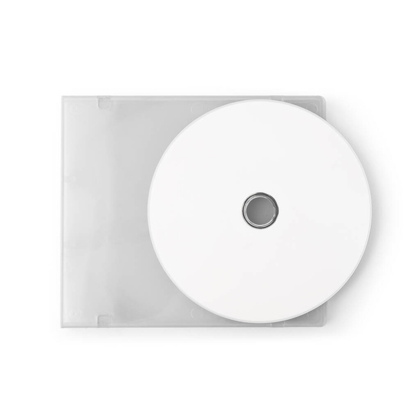 Realistyczna biała cd z szablonem okładki pudełka izolowanym na białym tle ze ścieżką wycinania. - Zdjęcie, obraz