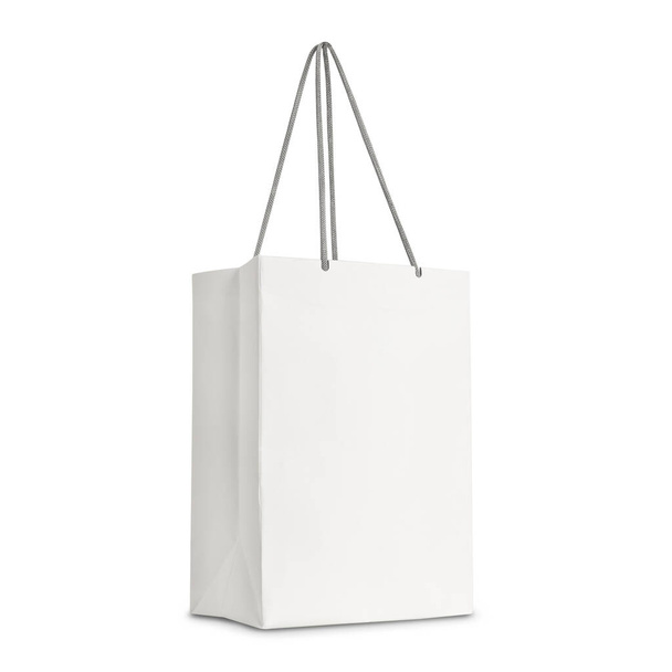 Biały papier torba na zakupy side view izolowane na białym tle z ścieżką wycinania. - Zdjęcie, obraz