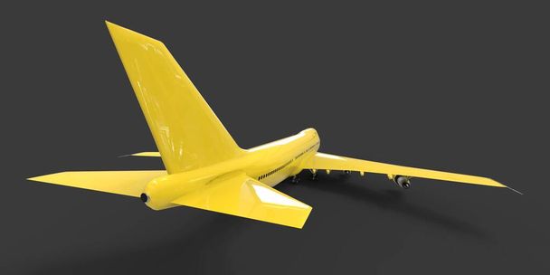 長い大西洋横断飛行のための大容量の大型旅客機。灰色の隔離された背景に黄色の飛行機。3Dイラスト - 写真・画像