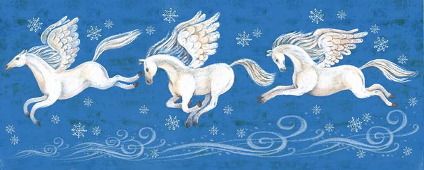 Illustration vivante de beaux chevaux blancs volant sur leurs ailes à travers le ciel nocturne hivernal. Entouré de blizzards et de flocons de neige sur fond bleu. Pégase volant, romance, inspiration, muse - Photo, image