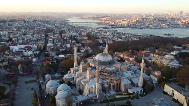 Vista aérea da mesquita Hagia Sophia e vista de Istambul durante o dia - Filmagem, Vídeo