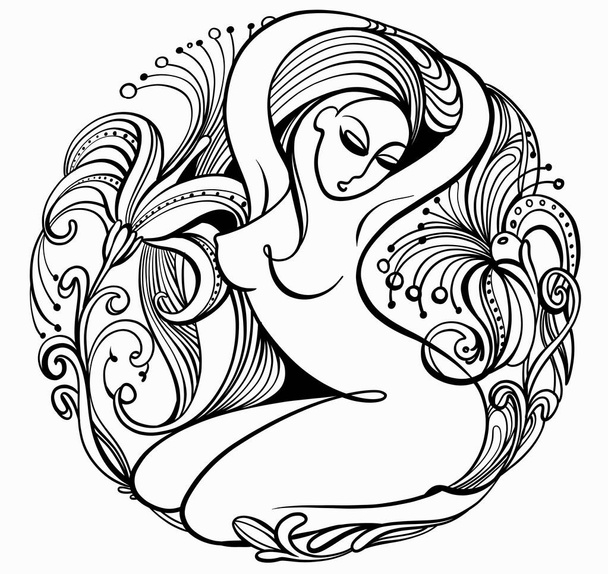 Ilustración vectorial romántica en blanco y negro de una línea elegante en forma de círculo. Hermosa mujer elegante rodeada de flores. - Vector, Imagen
