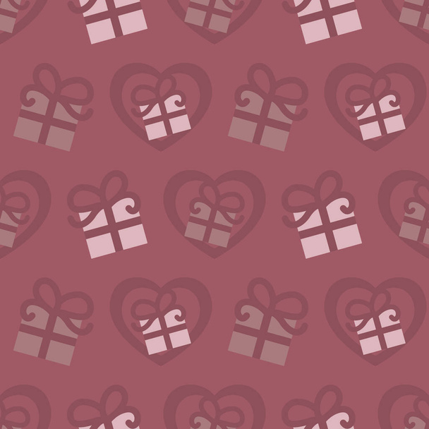 Seamless pattern for Valentine's Day with gifts and hearts. Raspberry color. Vector. - Vector, Image