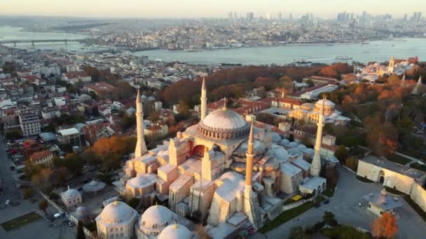 Vista aérea da mesquita Hagia Sophia e vista de Istambul durante o dia - Filmagem, Vídeo
