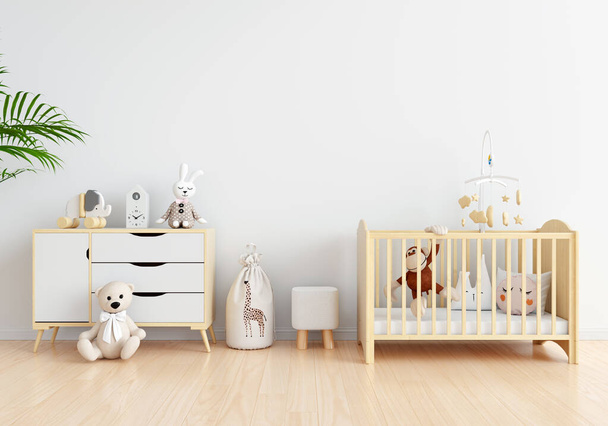 Weißes Kinderzimmerinterieur mit freiem Platz für Attrappen, 3D-Rendering - Foto, Bild