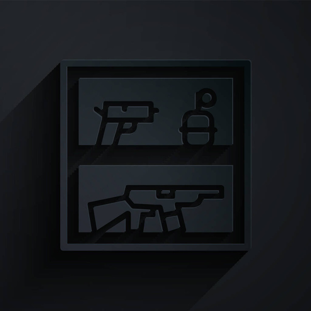 Carta tagliata Negozio di caccia con fucile e pistola icona dell'arma isolato su sfondo nero. Supermercato o negozio con attrezzature per armi. Stile cartaceo. Vettore. - Vettoriali, immagini