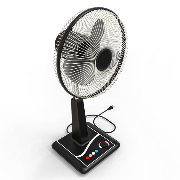 Чорний електричний вентилятор. Тривимірна модель на білому тлі. Вентилятор з кнопками керування на підставці. Простий пристрій для вентиляції повітря. 3d ілюстрація
 - Фото, зображення