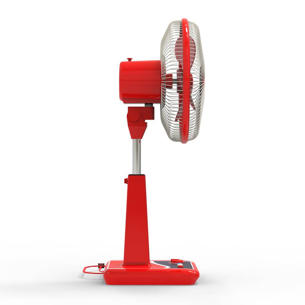 Un ventilateur électrique rouge. Modèle tridimensionnel sur fond blanc. Ventilateur avec boutons de commande sur le support. Un dispositif simple pour la ventilation. Illustration 3d - Photo, image