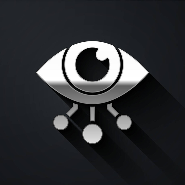 Silver Eye scan icoon geïsoleerd op zwarte achtergrond. Ik scan het oog. Veiligheidscontrole symbool. Cyberoogteken. Lange schaduw stijl. Vector. - Vector, afbeelding