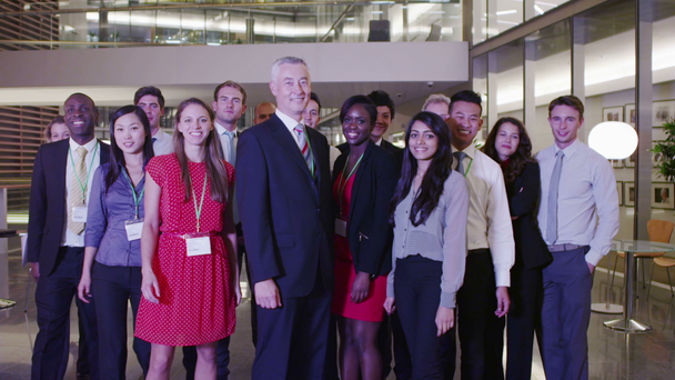 Ritratto di attraente e diversificata squadra d'affari insieme nel moderno edificio per uffici
 - Filmati, video