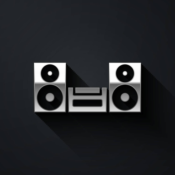 Silberne Home-Stereoanlage mit zwei Lautsprechersymbolen isoliert auf schwarzem Hintergrund. Musikanlage. Langer Schatten. Vektor. - Vektor, Bild