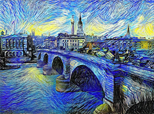 Uma divertida imagem artística digital da London Bridge, criada no estilo da Pintura Noturna Estrelada de Van Gogh. - Foto, Imagem