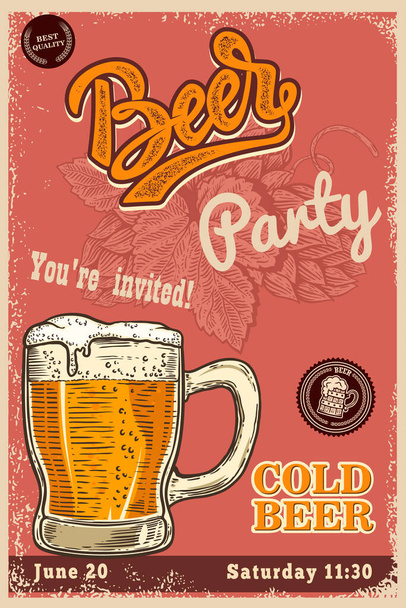 Beer poster template with mug and beer hop. Design element for poster, t shirt, emblem, sign, label. Vector illustration  - Вектор, зображення