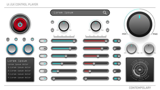 Elementos de interface de usuário para controle player.ui ux design kit. Botão giratório com luz indicadora Botão deslizante esquerda-direita. Contemporâneo-moderno design em branco. - Vetor, Imagem