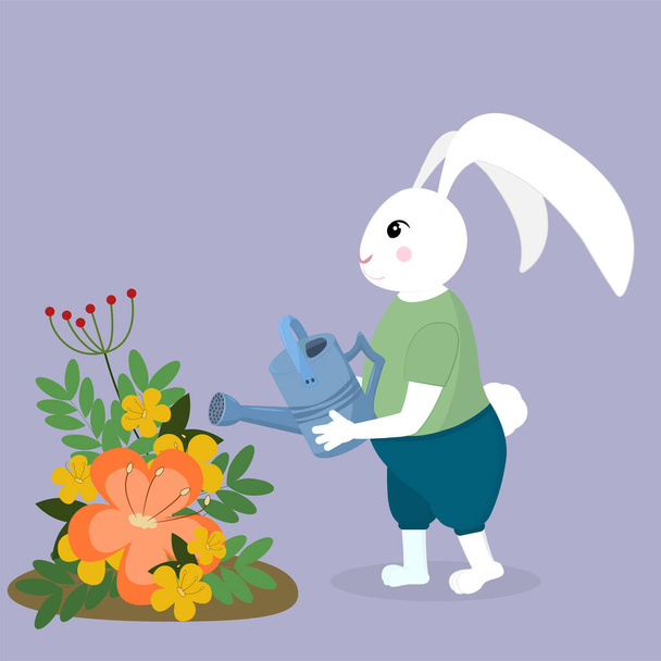 illustration d'un lapin avec un arrosoir dans ses pattes arrosant un lit de fleurs - Vecteur, image