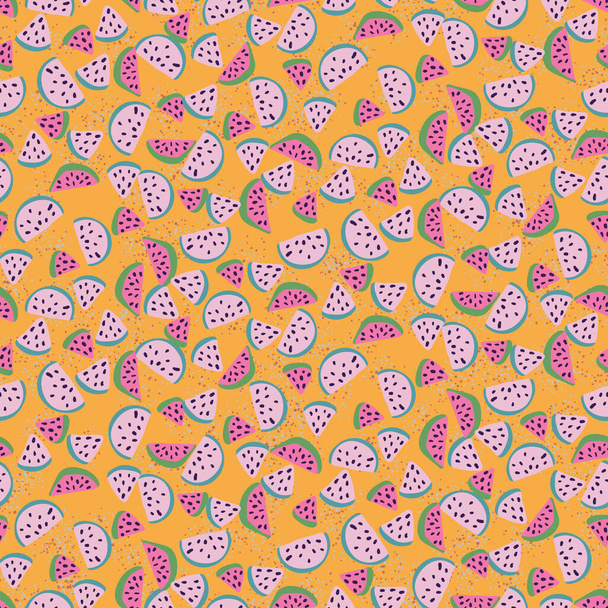 розовые ломтики арбуза бесшовные векторные рисунки на желтом - Вектор,изображение