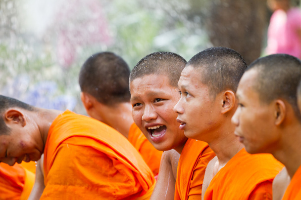 water pouring to hands monk in Songkran festival on april 13,201 - Zdjęcie, obraz