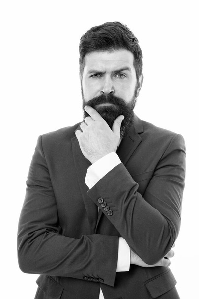 To beard or not to beard. Serious hipster touch beard isolated on white. Lawyer with shaped mustache and beard hair. Barbershop. At barbers. Haircare products. Skincare cosmetics - Foto, Bild