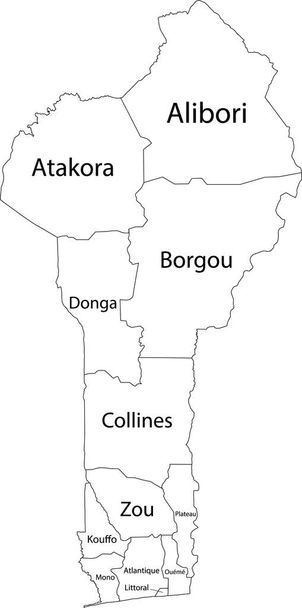 Biała mapa wektorowa Beninu z czarnymi granicami i nazwami departamentów - Wektor, obraz