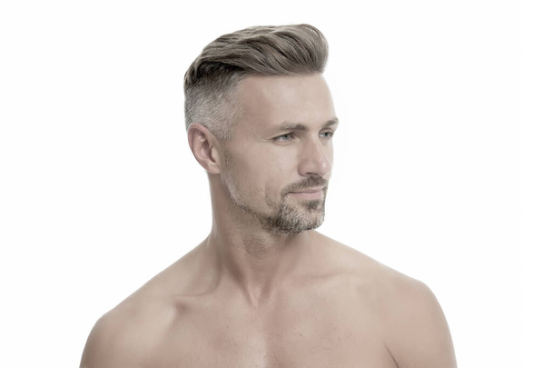 Male natural beauty. Grizzle hair suits him. Deal with gray roots. Man attractive well groomed facial hair. Barber shop concept. Barber hairdresser. Man mature good looking model. Anti ageing - Zdjęcie, obraz