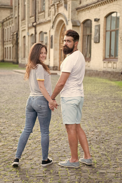 Mutual sympathy. Couple relations goals. Enjoy every moment. Peaceful romantic people. Summer romance. Family love. Love story. Romantic relations. Couple in love. Man and woman sunny day outdoors - Foto, Imagem