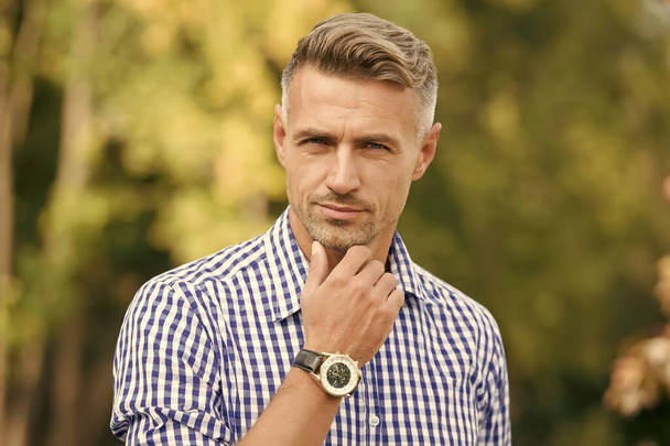 Predict developments. Lost in thoughts. Cognitive process. Intellectual work. Man stylish hairstyle. Male face. Businessman concept. Attractive mature man. Mature man grey hair and bristle outdoors - Photo, image
