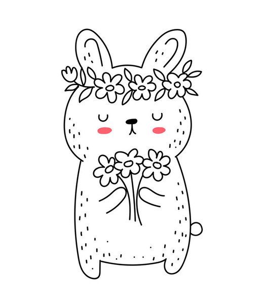 Vector line drawing cute rabbit with flowers. Doodle illustration. Easter, baby shower, birthday, children's party, greeting cards, nursery decoration - Vektor, kép
