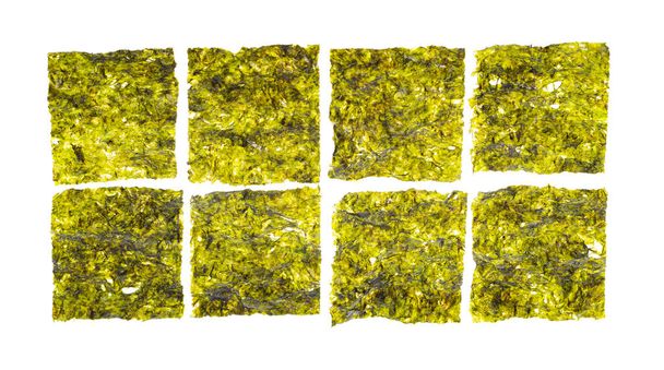 Green leaves of pressed seaweed isolated on white background. Studio Photo. - Zdjęcie, obraz