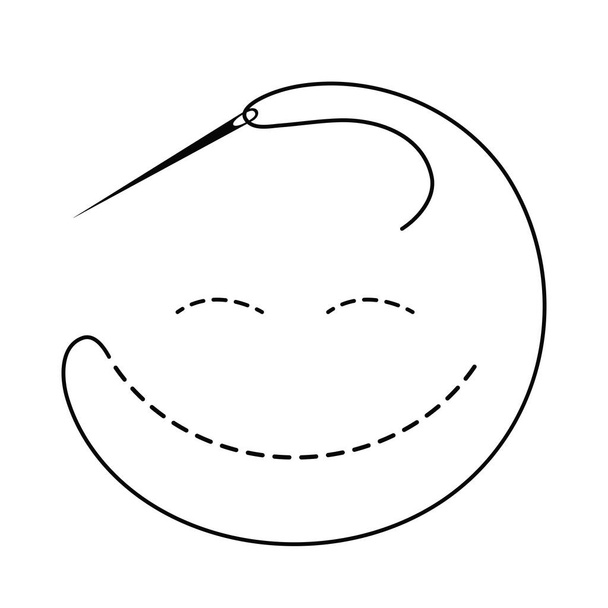 Silhouette eines gestickten Lächelns mit unterbrochener Kontur und geschlossenen Augen. Vektor-Illustration der Handarbeit mit Stickgarn und Nadel auf weißem Hintergrund. - Vektor, Bild