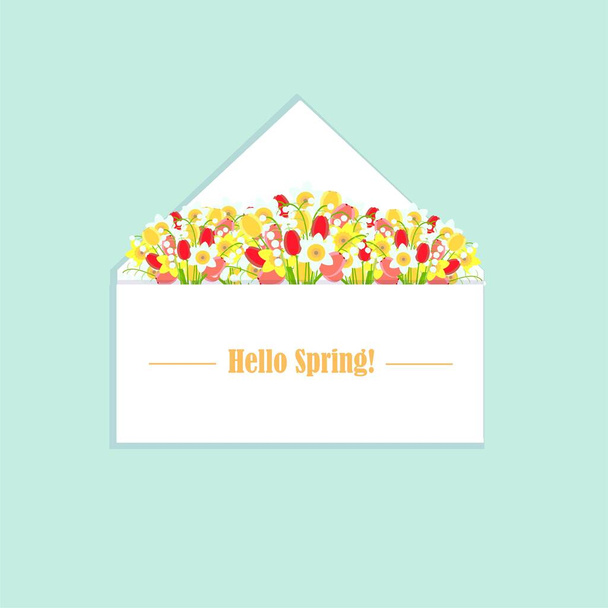 Hei, kevätlippu. Kirjekuori kevään kukka tausta. Tulppaanit narsissit liljat laakson harmaa art design varastossa vektori kuvitus web, tulostettavaksi - Vektori, kuva