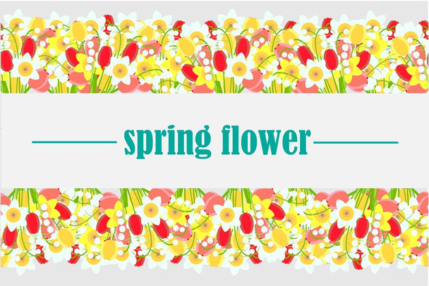 Spring flower background. Tulips daffodils lilies of the valley grey art design stock vector illustration for web, for print - Vector, Image