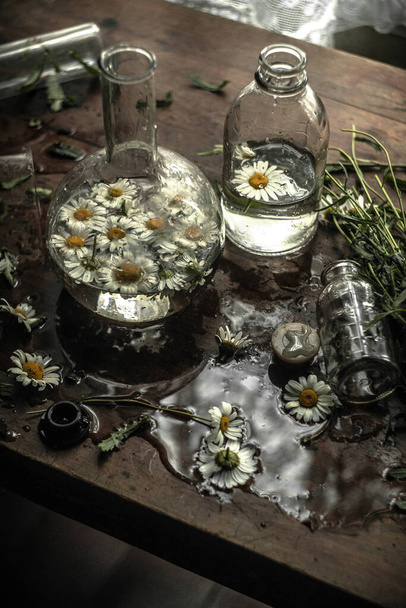 Fioles en verre avec de l'eau et des fleurs de camomille. nature morte dans un style rétro. - Photo, image
