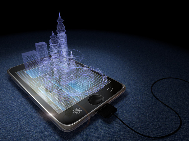 Digital tablet and futuristic town as progress concept background - Fotoğraf, Görsel
