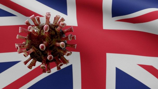 United Kingdom flag waving and Coronavirus 2019 nCov concept. Brote asiático en Gran Bretaña, gripe coronavirus como casos de gripe peligrosa cepa como una pandemia. Virus del microscopio Covid19 primer plano. - Foto, Imagen