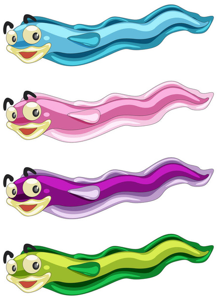 Conjunto de muchos caracteres de cartón de anguila lindo aislado en la ilustración de fondo blanco - Vector, imagen