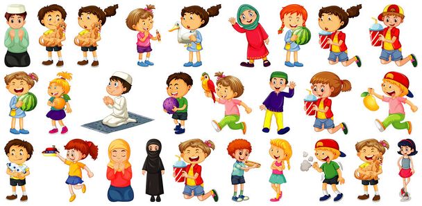Kinderen doen verschillende activiteiten cartoon karakter ingesteld op witte achtergrond illustratie - Vector, afbeelding