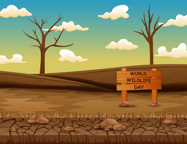 Señal del Día Mundial de la Vida Silvestre con árboles muertos en tierra firme - Vector, Imagen