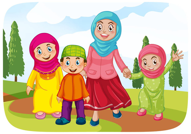 Muslim mother with her childs illustration - Vector, Image