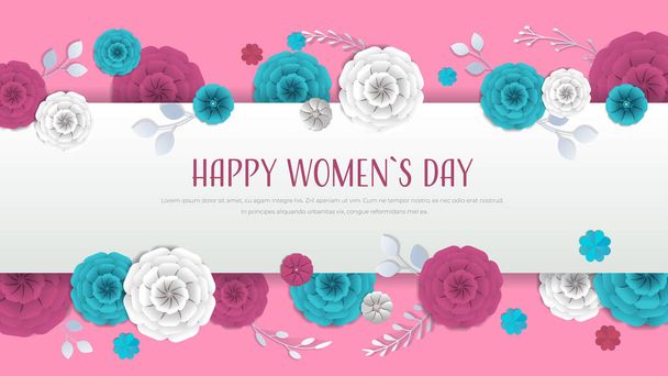 womens day 8 march holiday celebration banner flyer or greeting card with decorative paper flowers - Вектор, зображення