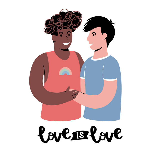 Das Porträt eines glücklichen gleichgeschlechtlichen homosexuellen Paares, das sich umarmt. Illustration Isoliert auf weißem Hintergrund - Vektor, Bild