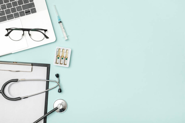 Medical healthcare background. Flat lay objects with copy space - 写真・画像