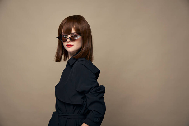 Pretty Woman black coat and red lips Copy Space dark glasses  - Photo, image