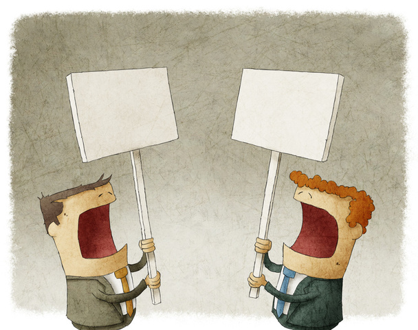 δύο επιχειρηματίες που κρατάει μια πινακίδα που διαμαρτύρονται με διαφορετικές απόψεις - Φωτογραφία, εικόνα