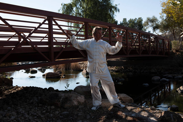 L'uomo che è in forma e attraente indossa un abito bianco e si esibisce Tai Chi su una roccia in un ambiente esterno con un ponte di metallo dietro di lui e acqua in background. - Foto, immagini