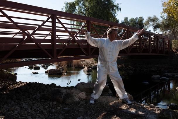 Man who is fit and attractive wears a white suit and performs Tai Chi on a rock in an outdoor setting with a metal bridge behind him and water in background. - Photo, Image