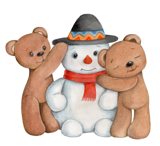 Cute little teddy bears and snowman in winter. Watercolor hand drawn illustration, isolated on white background. Perfect for baby and kids design, poster, greeting card, print.  - Photo, Image