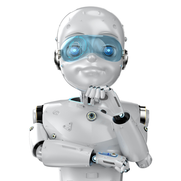 3Dレンダリングかわいいロボットや漫画のキャラクター思考や分析と人工知能ロボット - 写真・画像