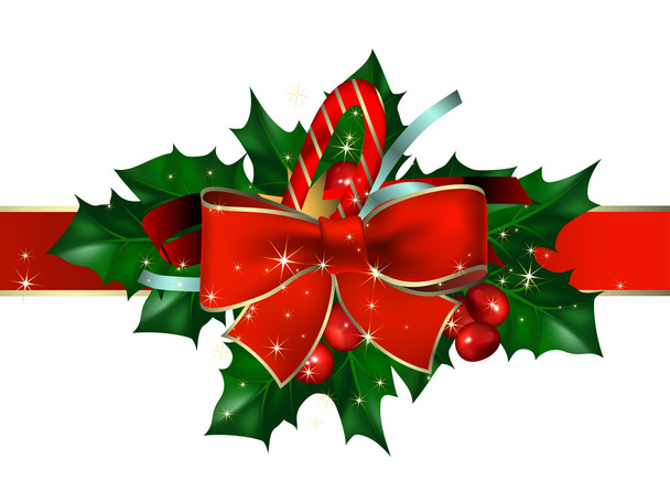 Christmas background with bow and hollyberry - Vector, Imagen